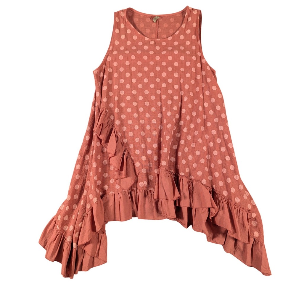 New Collection‎ Italy Women Terracotta Polka Dot Ruffle Cotton Gauze Tunic Top 2